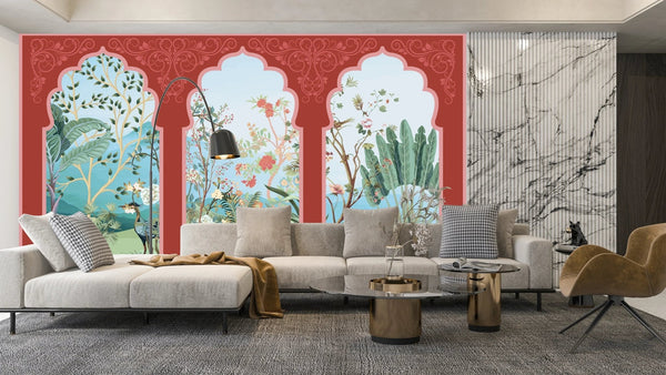 Traditional Mughal Garden Wallpaper, Peacock, Red Arch Mural, Oversized Custom Size Wall Art, Non - Woven, Non - Adhesive, Modern Wall Paper, Removable - Adawall Wallpaper - Registered Trade Accounts Only, Wallpaper Wholesale Account - W77714 - Adawall Wholesale - Wallpaper Wholesaler