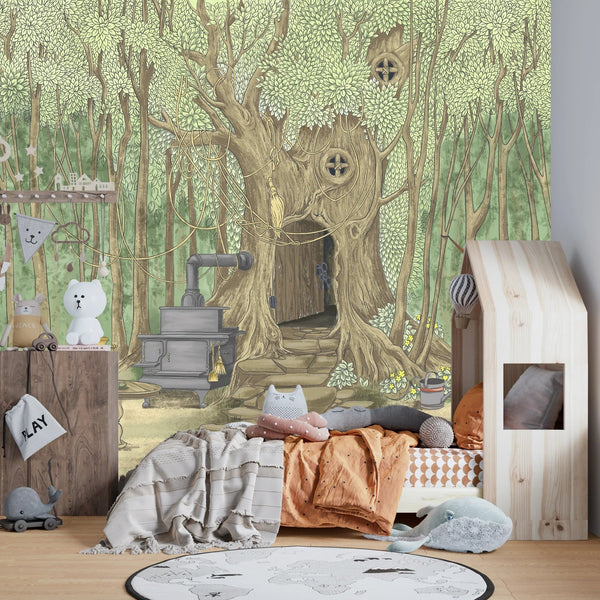 Tree House Wallpaper, Cozy Painted Style Mural, Oversized Custom Size Wall Art, Non - Woven, Non - Adhesive, Modern Wall Paper, Removable - Adawall Wallpaper - Registered Trade Accounts Only, Wallpaper Wholesale Account - W77837 - Adawall Wholesale - Wallpaper Wholesaler