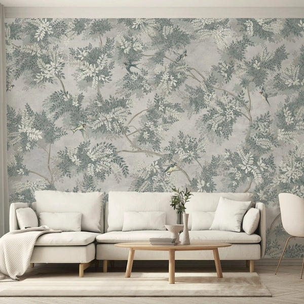 Tree Leaves Wall Mural, Birds Chinoiserie Wallpaper, Gray Oversized Botanical Custom Size Wall Paper, Non-Woven, Modern Wall Art, Non-Pasted, Removable - Walloro High End Wallcoverings & More