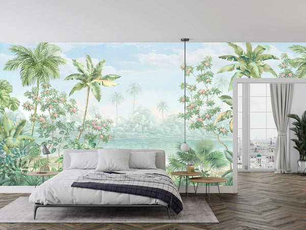 Tropic Flowers Wallpaper, Landscape Mural, Oversized Custom Size Wall Art, Non - Woven, Non - Adhesive, Modern Wall Paper, Removable - Adawall Wallpaper - Registered Trade Accounts Only, Wallpaper Wholesale Account - W77990 - Adawall Wholesale - Wallpaper Wholesaler