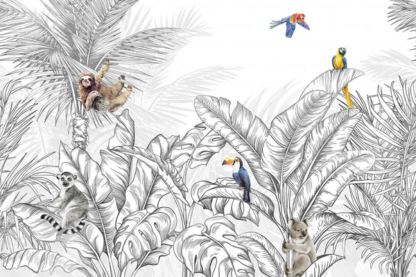 Tropical Animals Wallpaper, Blue Drawing Wall Mural, Custom Size Wall Covering, Non-Woven, Non-Pasted, Removable, Art - Walloro High End Wallcoverings & More