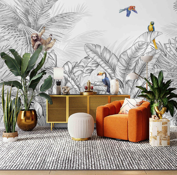 Tropical Animals Wallpaper, Blue Drawing Wall Mural, Custom Size Wall Covering, Non - Woven, Non - Pasted, Removable, Art - Adawall Wallpaper - Registered Trade Accounts Only, Wallpaper Wholesale Account - FJ307-2 - Adawall Wholesale - Wallpaper Wholesaler