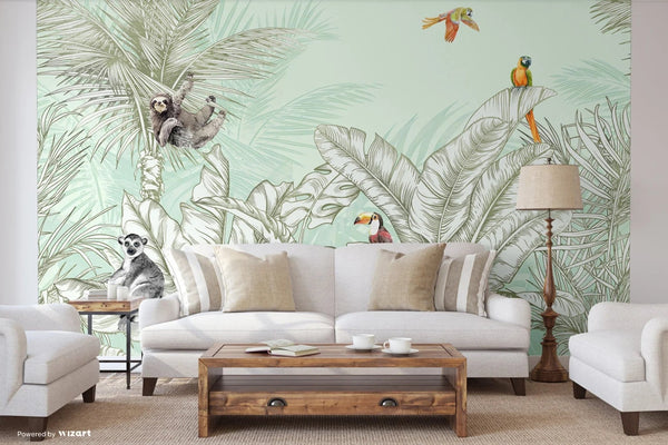 Tropical Animals Wallpaper, Green Drawing Wall Mural, Custom Size Wall Covering, Non - Woven, Non - Pasted, Removable, Art - Adawall Wallpaper - Registered Trade Accounts Only, Wallpaper Wholesale Account - FJ307-3 - Adawall Wholesale - Wallpaper Wholesaler