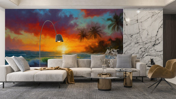 Tropical Beach, Golden Hour Wallpaper, Oil Painting Mural, Oversized Custom Size Wall Art, Non - Woven, Non - Adhesive, Modern Wall Paper, Removable - Adawall Wallpaper - Registered Trade Accounts Only, Wallpaper Wholesale Account - W77606 - Adawall Wholesale - Wallpaper Wholesaler