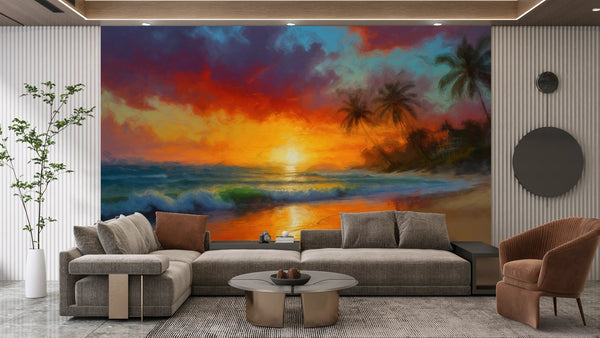 Tropical Beach, Golden Hour Wallpaper, Oil Painting Mural, Oversized Custom Size Wall Art, Non - Woven, Non - Adhesive, Modern Wall Paper, Removable - Adawall Wallpaper - Registered Trade Accounts Only, Wallpaper Wholesale Account - W77606 - Adawall Wholesale - Wallpaper Wholesaler