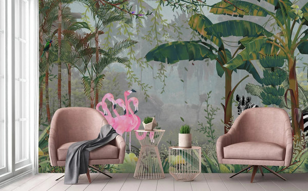 Tropical Forest Wall Mural, Flamingos, Zebra, Animals Wallpaper, Custom Size, Dark Green Oversized Print, Wall Art, Nature Theme, Jungle, Removable - Adawall Wallpaper - Registered Trade Accounts Only, Wallpaper Wholesale Account - A313-3 - Adawall Wholesale - Wallpaper Wholesaler