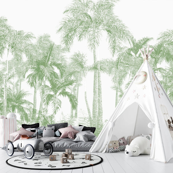 Tropical Green Trees Wallpaper, White Background Mural, Oversized Custom Size Wall Art, Non - Woven, Non - Adhesive, Modern Wall Paper, Removable - Adawall Wallpaper - Registered Trade Accounts Only, Wallpaper Wholesale Account - W78149 - Adawall Wholesale - Wallpaper Wholesaler