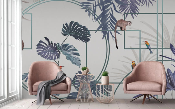 Tropical Jungle Wall Mural, Forest Wallpaper, Purple Tree Leaf Bird, Custom Size, Non - Woven, Modern Wall Paper, Non - Pasted, Washable, Removable - Adawall Wallpaper - Registered Trade Accounts Only, Wallpaper Wholesale Account - FJ300-1 - Adawall Wholesale - Wallpaper Wholesaler