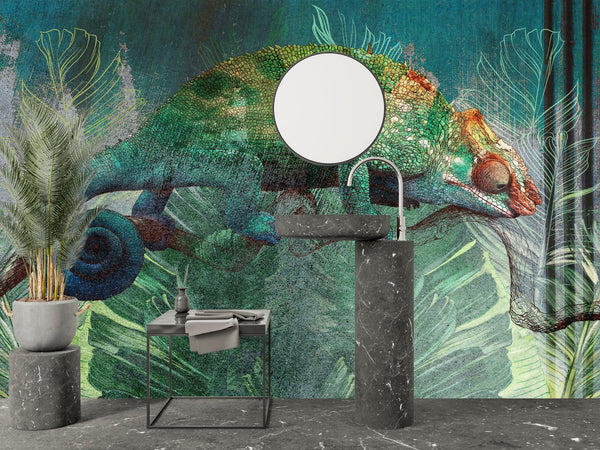 Tropical Leaves Wallpaper, Chameleon Background Mural, Oversized Custom Size Wall Art, Non - Woven, Non - Adhesive, Modern Wall Paper, Removable - Adawall Wallpaper - Registered Trade Accounts Only, Wallpaper Wholesale Account - W78141 - Adawall Wholesale - Wallpaper Wholesaler