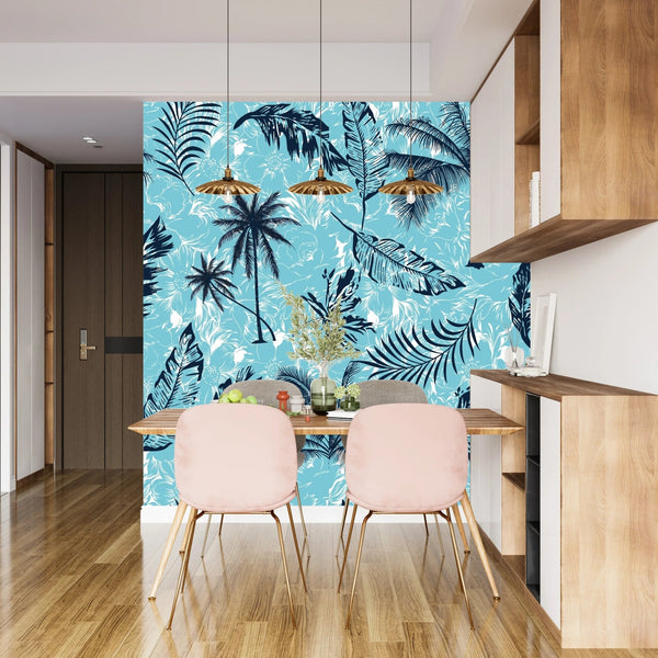 Tropical Plants, Blue Background Wallpaper, Seamless Pattern Mural, Oversized Custom Size Wall Art, Non - Woven, Non - Adhesive, Modern Wall Paper, Removable - Adawall Wallpaper - Registered Trade Accounts Only, Wallpaper Wholesale Account - W77702 - Adawall Wholesale - Wallpaper Wholesaler