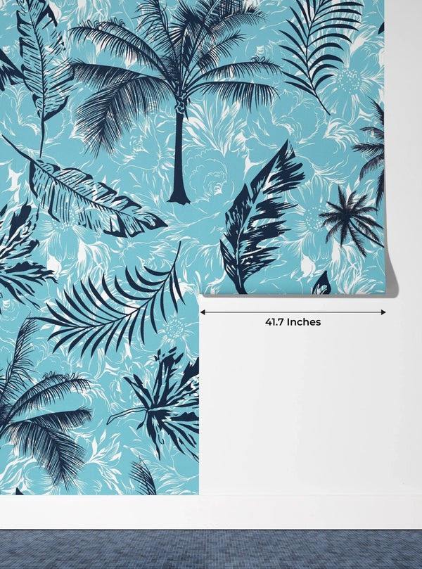 Tropical Plants, Blue Background Wallpaper, Seamless Pattern Mural, Oversized Custom Size Wall Art, Non - Woven, Non - Adhesive, Modern Wall Paper, Removable - Adawall Wallpaper - Registered Trade Accounts Only, Wallpaper Wholesale Account - W77702 - Adawall Wholesale - Wallpaper Wholesaler