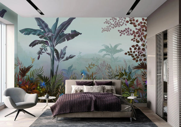Tropical Theme Wall Mural, Blue Nature Birds Palm Tree Leaves Wallpaper, Customized Wall Art, Large Store Shop Wall Paper, Jungle, Forest Theme - Adawall Wallpaper - Registered Trade Accounts Only, Wallpaper Wholesale Account - A320-2 - Adawall Wholesale - Wallpaper Wholesaler