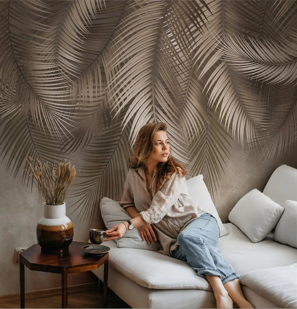 Tropical Tree Leaves Wallpaper, Above the Bed Wall Mural, Beige Leaves Custom Size Wall Covering, Non - Woven, Non - Pasted, Washable, Removable - Adawall Wallpaper - Registered Trade Accounts Only, Wallpaper Wholesale Account - FJ312-2 - Adawall Wholesale - Wallpaper Wholesaler