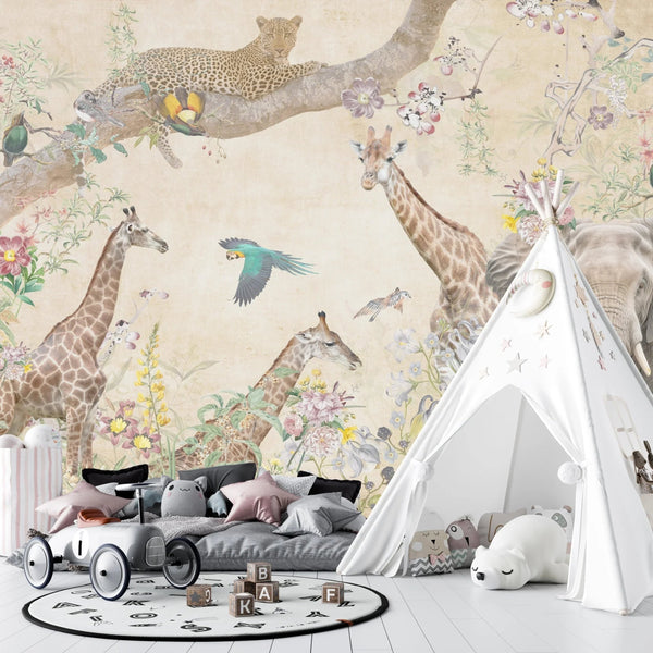 Tropical Trees Wallpaper, Safari Animals Mural, Oversized Custom Size Wall Art, Non - Woven, Non - Adhesive, Modern Wall Paper, Removable - Adawall Wallpaper - Registered Trade Accounts Only, Wallpaper Wholesale Account - W78135 - Adawall Wholesale - Wallpaper Wholesaler