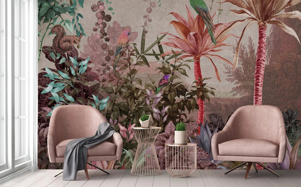 Tropical Wall Mural, Nature Palm Tree Green Parrot Wallpaper, Jungle Forest Theme, Non - Woven, Non - Adhesive, Removable, Exotic Wall Print Art, Interior Decor - Adawall Wallpaper - Registered Trade Accounts Only, Wallpaper Wholesale Account - A315-1 - Adawall Wholesale - Wallpaper Wholesaler