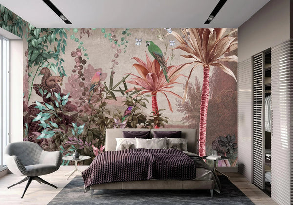 Tropical Wall Mural, Nature Palm Tree Green Parrot Wallpaper, Jungle Forest Theme, Non - Woven, Non - Adhesive, Removable, Exotic Wall Print Art, Interior Decor - Adawall Wallpaper - Registered Trade Accounts Only, Wallpaper Wholesale Account - A315-1 - Adawall Wholesale - Wallpaper Wholesaler