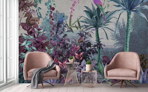 Tropical Wall Mural, Nature Palm Tree Purple Parrot Wallpaper, Jungle Forest Theme, Non - Woven, Non - Adhesive, Removable, Exotic Wall Print Art, Interior Decor - Adawall Wallpaper - Registered Trade Accounts Only, Wallpaper Wholesale Account - A315-3 - Adawall Wholesale - Wallpaper Wholesaler