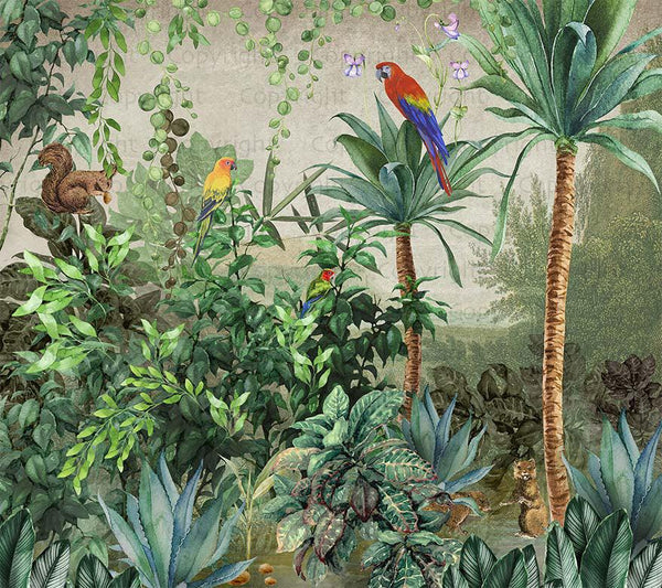 Tropical Wall Mural, Nature Palm Tree Red Parrot Wallpaper, Jungle Forest Theme, Non - Woven, Non - Adhesive, Removable, Exotic Wall Print Art, Interior Decor - Adawall Wallpaper - Registered Trade Accounts Only, Wallpaper Wholesale Account - A315-2 - Adawall Wholesale - Wallpaper Wholesaler