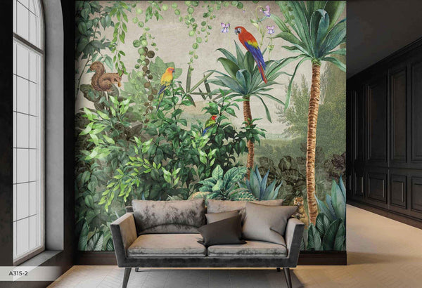 Tropical Wall Mural, Nature Palm Tree Red Parrot Wallpaper, Jungle Forest Theme, Non - Woven, Non - Adhesive, Removable, Exotic Wall Print Art, Interior Decor - Adawall Wallpaper - Registered Trade Accounts Only, Wallpaper Wholesale Account - A315-2 - Adawall Wholesale - Wallpaper Wholesaler