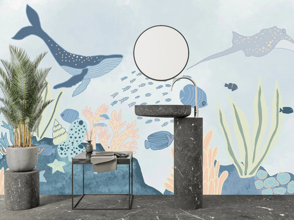 Under the Sea Wallpaper, Sea Animals Mural, Oversized Custom Size Wall Art, Non - Woven, Non - Adhesive, Modern Wall Paper, Removable - Adawall Wallpaper - Registered Trade Accounts Only, Wallpaper Wholesale Account - W77663 - Adawall Wholesale - Wallpaper Wholesaler