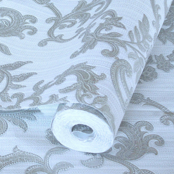 Victorian Damask Striped Wallpaper, Silver, White Rich Textured Embossed Wall Paper, Extra Wide 114 sq ft Roll, Wall Covering, Washable - Walloro High End Wallcoverings & More