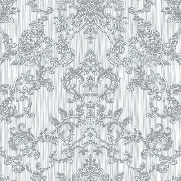 Victorian Damask Striped Wallpaper, Silver, White Rich Textured Embossed Wall Paper, Extra Wide 114 sq ft Roll, Wall Covering, Washable - Walloro High End Wallcoverings & More