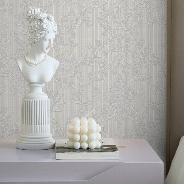 Victorian Damask Striped Wallpaper, White, Gray Rich Textured Embossed Wall Paper, Extra Wide 114 sq ft Roll, Modern Wall Covering, Sturdy, Washable - Adawall Wallpaper - Registered Trade Accounts Only, Wallpaper Wholesale Account - 1305-1 - Adawall Wholesale - Wallpaper Wholesaler