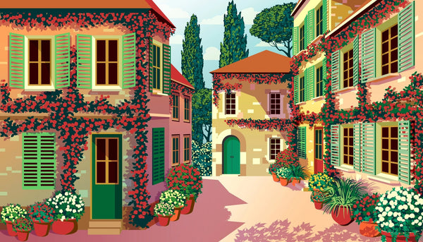 Village Square Wallpaper, Traditional Houses, Potted Flowers Mural, Oversized Custom Size Wall Art, Non - Woven, Non - Adhesive, Modern Wall Paper, Removable - Adawall Wallpaper - Registered Trade Accounts Only, Wallpaper Wholesale Account - W77772 - Adawall Wholesale - Wallpaper Wholesaler