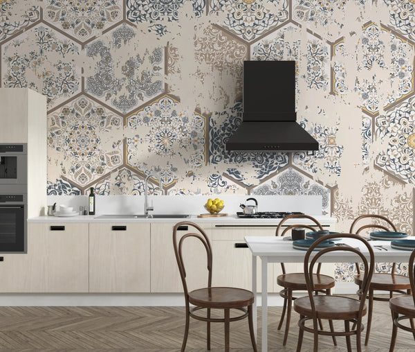 Vintage Tile Wallpaper, Hexagon Pattern Mural, Oversized Custom Size Wall Art, Non - Woven, Non - Adhesive, Modern Wall Paper, Removable - Adawall Wallpaper - Registered Trade Accounts Only, Wallpaper Wholesale Account - W77524 - Adawall Wholesale - Wallpaper Wholesaler
