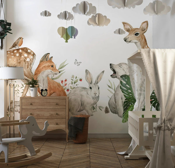Watercolor Animals Wallpaper, White Background Mural, Oversized Custom Size Wall Art, Non - Woven, Non - Adhesive, Modern Wall Paper, Removable - Adawall Wallpaper - Registered Trade Accounts Only, Wallpaper Wholesale Account - W77654 - Adawall Wholesale - Wallpaper Wholesaler