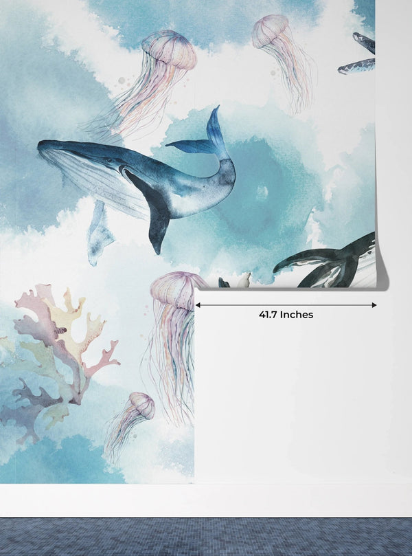 Watercolor Whales Wallpaper, Sea Life Mural, Oversized Custom Size Wall Art, Non - Woven, Non - Adhesive, Modern Wall Paper, Removable - Adawall Wallpaper - Registered Trade Accounts Only, Wallpaper Wholesale Account - W78094 - Adawall Wholesale - Wallpaper Wholesaler