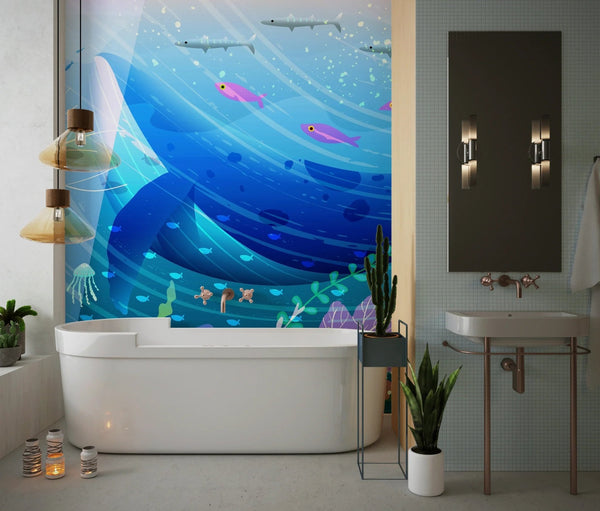 Whale and Fishes Wallpaper, Underwater Scene Mural, Oversized Custom Size Wall Art, Non - Woven, Non - Adhesive, Modern Wall Paper, Removable - Adawall Wallpaper - Registered Trade Accounts Only, Wallpaper Wholesale Account - W78130 - Adawall Wholesale - Wallpaper Wholesaler