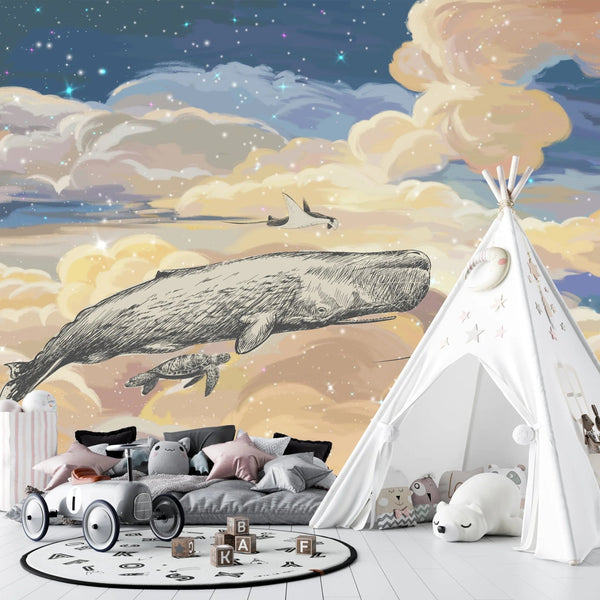 Whale in the Sky Wallpaper, Starry Night Mural, Oversized Custom Size Wall Art, Non - Woven, Non - Adhesive, Modern Wall Paper, Removable - Adawall Wallpaper - Registered Trade Accounts Only, Wallpaper Wholesale Account - W77838 - Adawall Wholesale - Wallpaper Wholesaler