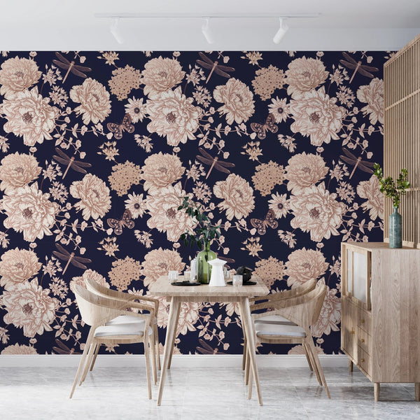 White and Gold Blooming Flowers Wallpaper, Dark Seamless Pattern Mural, Oversized Custom Size Wall Art, Non - Woven, Non - Adhesive, Modern Wall Paper, Removable - Adawall Wallpaper - Registered Trade Accounts Only, Wallpaper Wholesale Account - W77518 - Adawall Wholesale - Wallpaper Wholesaler