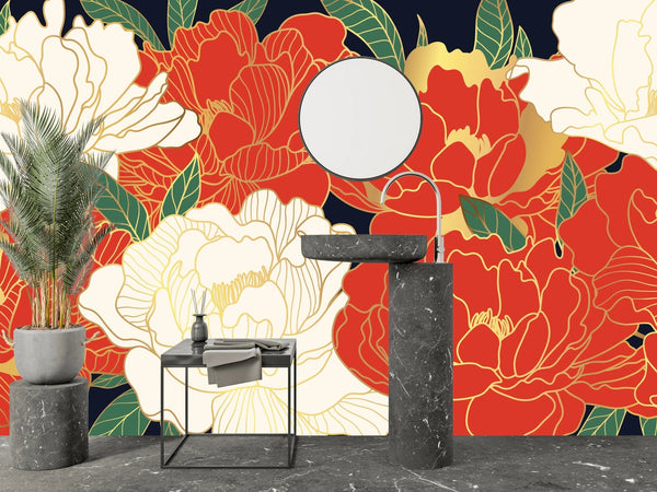 White and Red Peonies Wallpaper, Luxurious Gold Mural, Oversized Custom Size Wall Art, Non - Woven, Non - Adhesive, Modern Wall Paper, Removable - Adawall Wallpaper - Registered Trade Accounts Only, Wallpaper Wholesale Account - W77927 - Adawall Wholesale - Wallpaper Wholesaler
