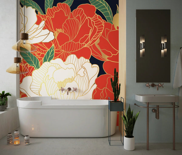 White and Red Peonies Wallpaper, Luxurious Gold Mural, Oversized Custom Size Wall Art, Non - Woven, Non - Adhesive, Modern Wall Paper, Removable - Adawall Wallpaper - Registered Trade Accounts Only, Wallpaper Wholesale Account - W77927 - Adawall Wholesale - Wallpaper Wholesaler
