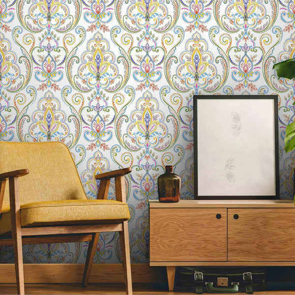 White Elegant Damask 3D Embossed Wallpaper, Vibrant Colors Textured Luxury Wallpaper - Walloro High End Wallcoverings & More