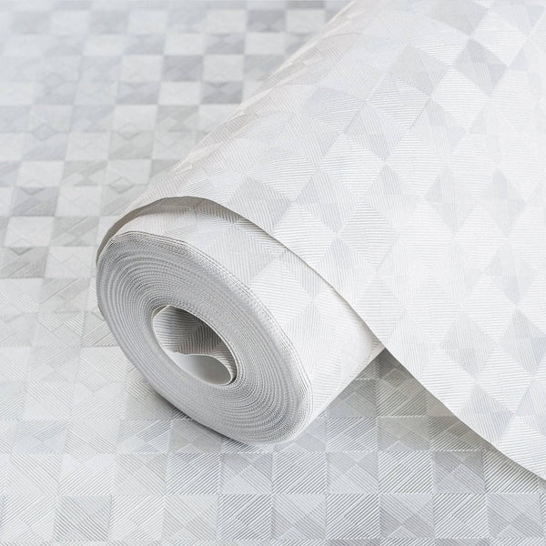 White Solid Color Square Pattern Geometric Wallpaper, 3D Embossed Glossy Sleek Checkered Wall Paper - Walloro High End Wallcoverings & More