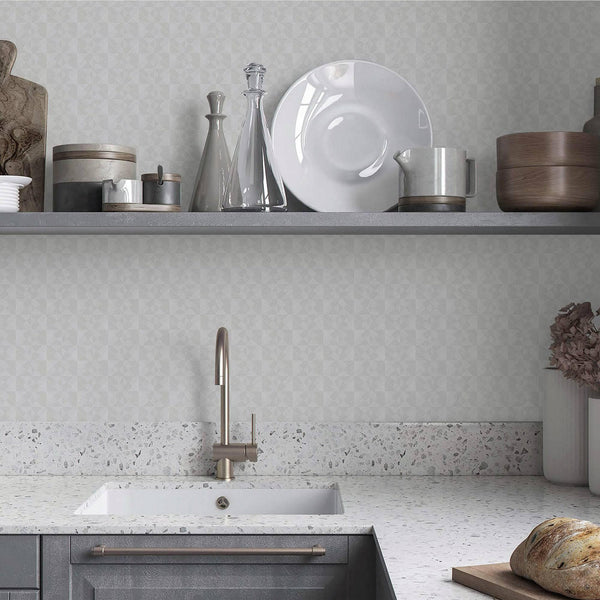 White Solid Color Square Pattern Geometric Wallpaper, 3D Embossed Glossy Sleek Checkered Wall Paper - Walloro High End Wallcoverings & More