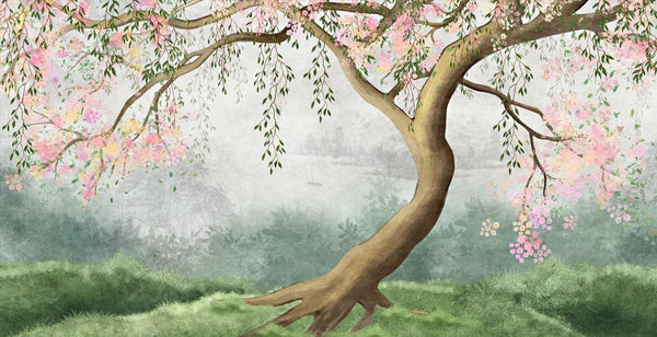 Willow Tree Wallpaper, Pink Flowers Mural, Oversized Custom Size Wall Art, Non - Woven, Non - Adhesive, Modern Wall Paper, Removable - Adawall Wallpaper - Registered Trade Accounts Only, Wallpaper Wholesale Account - W77515 - Adawall Wholesale - Wallpaper Wholesaler