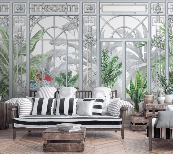 Windows Trees Wallpaper, Green Nature Scenic View Wall Mural, Tropical, Custom Size Wall Art, Non-Woven, Non-Adhesive, Removable, Durable, Large - Walloro High End Wallcoverings & More