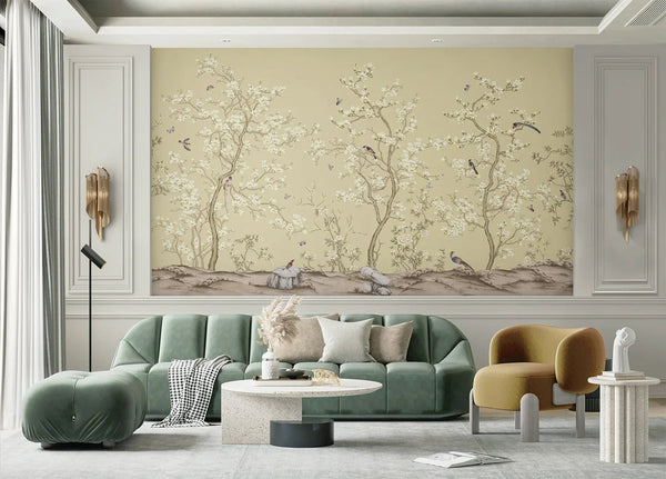 Yellow Chinoiserie Floral Wall Mural, Birds Tree Flowers Wallpaper, Custom Size Wall Covering, Non - Woven, Non - Adhesive, Removable, Washable - Adawall Wallpaper - Registered Trade Accounts Only, Wallpaper Wholesale Account - FJ304-2 - Adawall Wholesale - Wallpaper Wholesaler