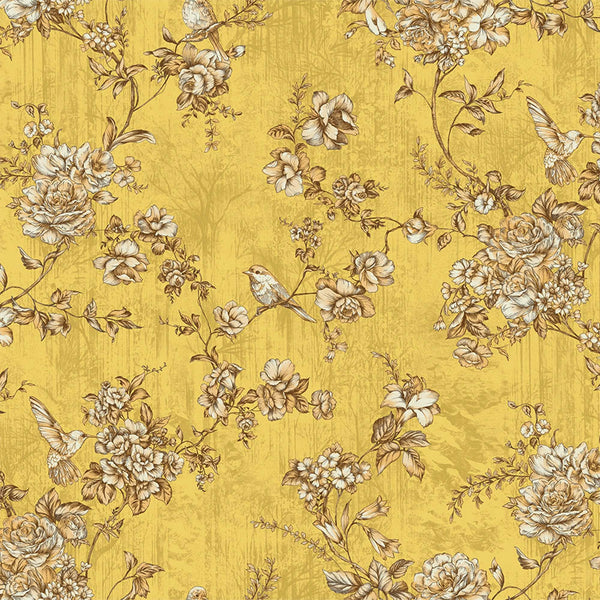 Yellow Elegant Chinoiserie Blossom Floral Wallpaper, Animal Print Birds Flowers Botanical Pattern - Walloro High End Wallcoverings & More