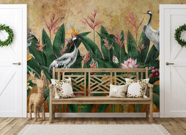 Yellow Jungle Birds Wallpaper, Nature Forest Tropical Theme Wall Mural, Extra Large Customizable, Non - Adhesive, Removable Wall Paper, Leaves Flower - Adawall Wallpaper - Registered Trade Accounts Only, Wallpaper Wholesale Account - A314-3 - Adawall Wholesale - Wallpaper Wholesaler