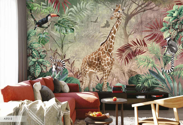 Yellow Tropical Forest Theme Wallpaper, Animals Wall Mural, Giraffe, Birds, Leaves, Jungle, Non - Pasted, Large Wall Art, Removable, Nature Theme - Adawall Wallpaper - Registered Trade Accounts Only, Wallpaper Wholesale Account - A312-2 - Adawall Wholesale - Wallpaper Wholesaler