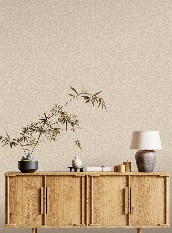 Beige Leaf Pattern Wallpaper, Natural Wallpaper, Modern & Minimalist Wall Covering, Modern Look Neutral Colors Glittering Wallcovering