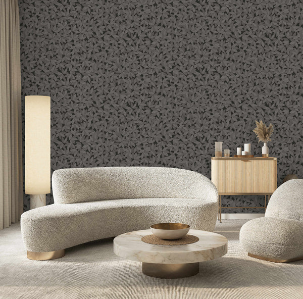 Dark Gray Leaf Pattern Wallpaper, Natural Wallpaper, Modern & Minimalist Wall Covering, Modern Look Neutral Colors Glittering Wallcovering