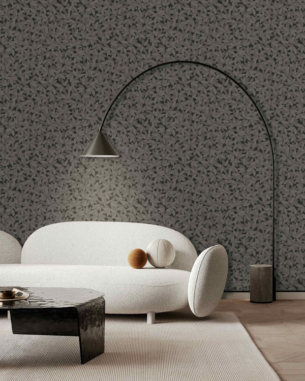 Dark Gray Leaf Pattern Wallpaper, Natural Wallpaper, Modern & Minimalist Wall Covering, Modern Look Neutral Colors Glittering Wallcovering
