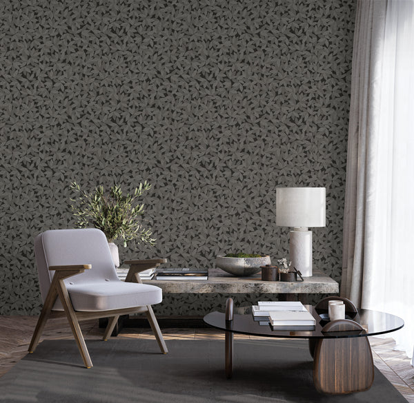 Dark Gray Leaf Pattern Wallpaper, Natural Wallpaper, Modern & Minimalist Wall Covering, Modern Look Neutral Colors Glittering Wallcovering