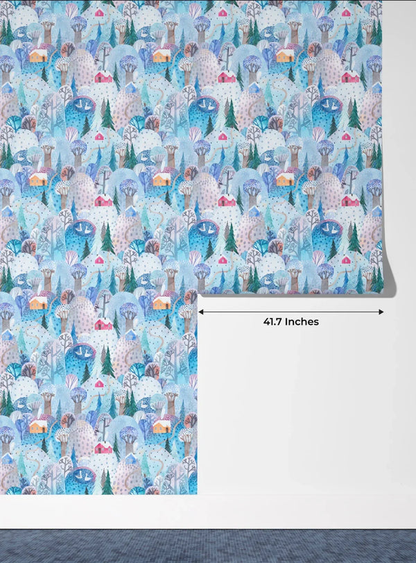 Childish Forest Wallpaper, Winter Seamless Pattern Mural, Oversized Custom Size Wall Art, Non-Woven, Non-Adhesive, Modern Wall Paper, Removable